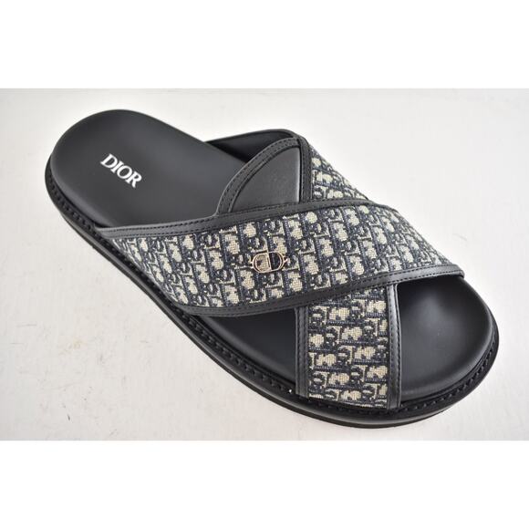 Dior Mens Aqua Sandal Beige Black Blue Oblique Jacquard Logo Slide Slip On 42 9 - Picture 6 of 16